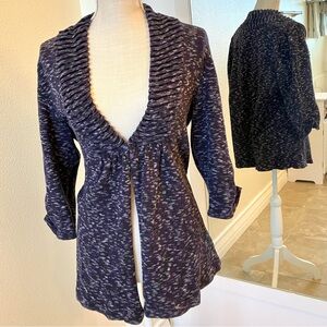 Purple, black and white  knit cardigan sweater with hook and eye closure